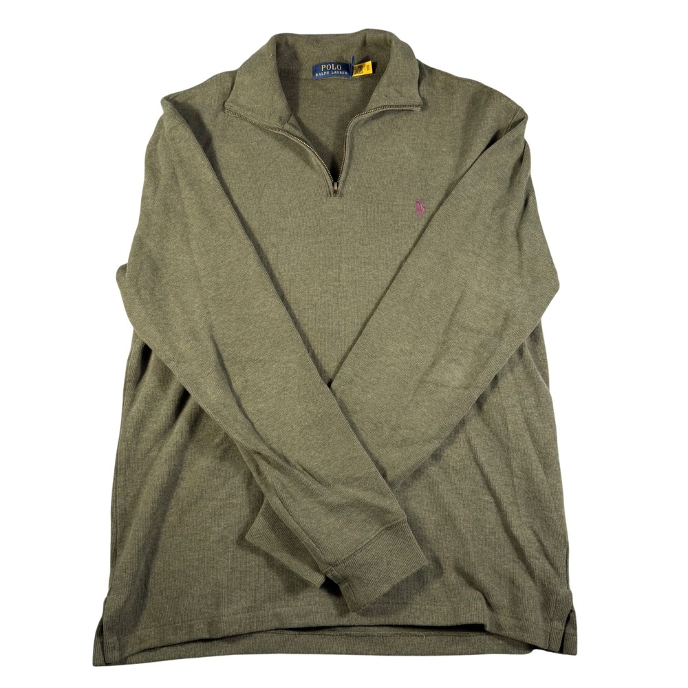 Polo Ralph Lauren Mens Olive Green Heather 1/4 Zip Cotton Pullover Sweater M
